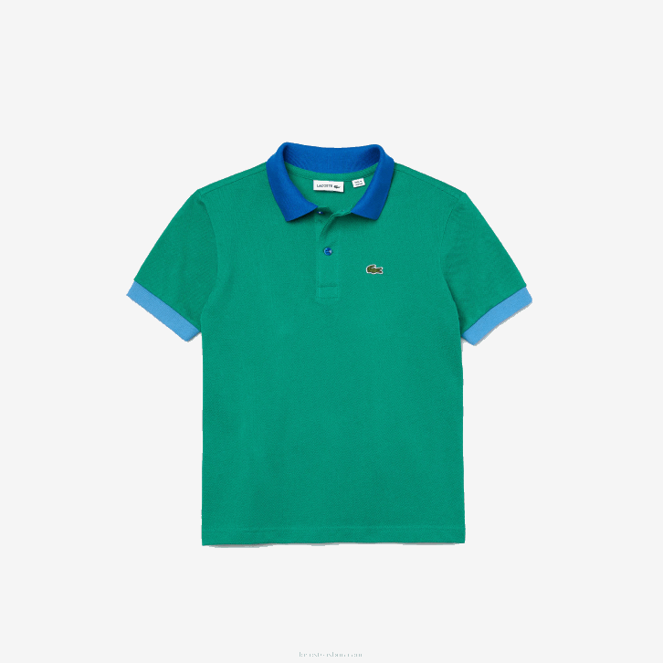 Rapazes Lacoste verde azul x28 polo em piquê de algodão gola contrastante 08D02958