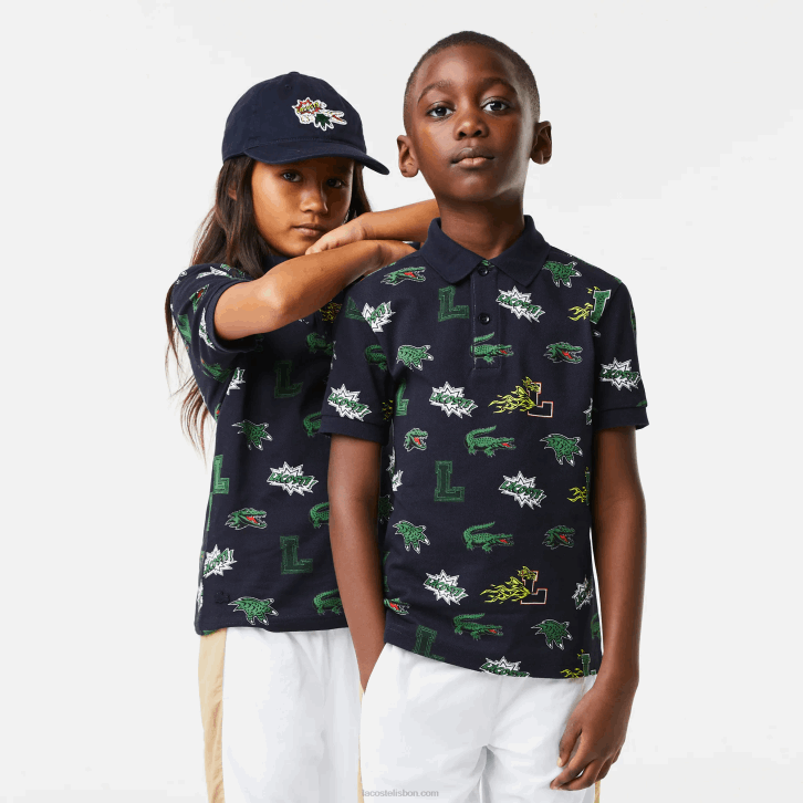crianças Lacoste azul marinho 166 polo com estampa de crocodilo efeito cômico 08D02955