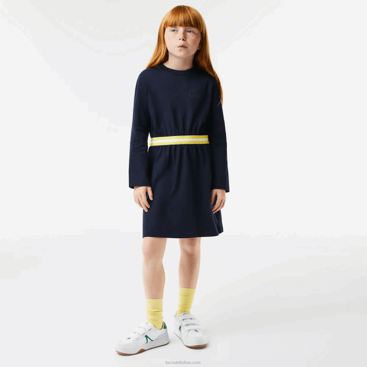 garotas Lacoste azul marinho 166 vestido de jérsei de algodão com cintura contrastante 08D03270