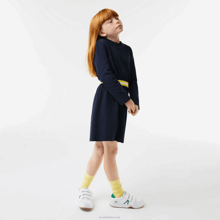 garotas Lacoste azul marinho 166 vestido de jérsei de algodão com cintura contrastante 08D03270