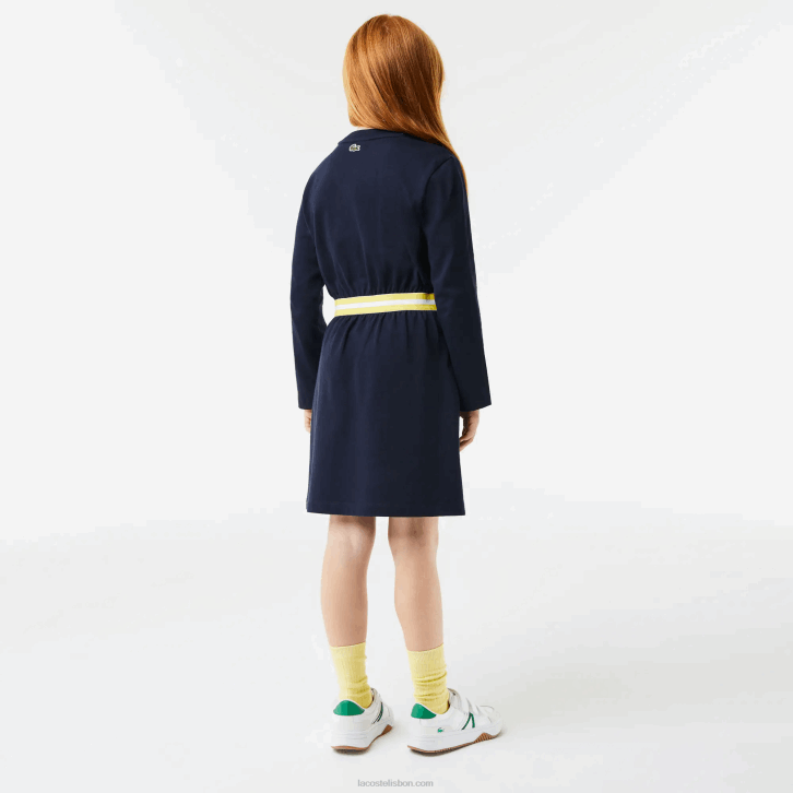 garotas Lacoste azul marinho 166 vestido de jérsei de algodão com cintura contrastante 08D03270
