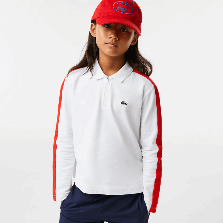 garotas Lacoste branco vermelho 7hu polo com zíper de banda contrastante 08D03144