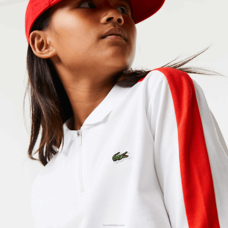 garotas Lacoste branco vermelho 7hu polo com zíper de banda contrastante 08D03144