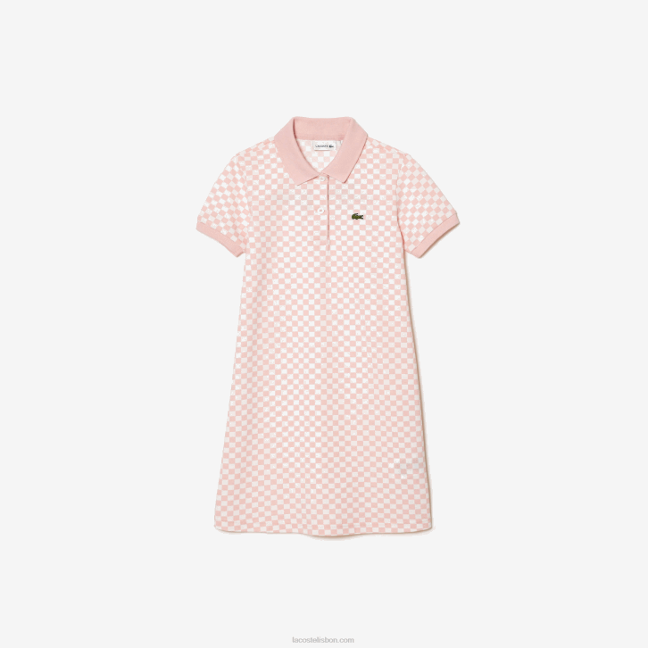 garotas Lacoste rosa branco nw5 vestido polo de algodão orgânico com estampa xadrez 08D03093