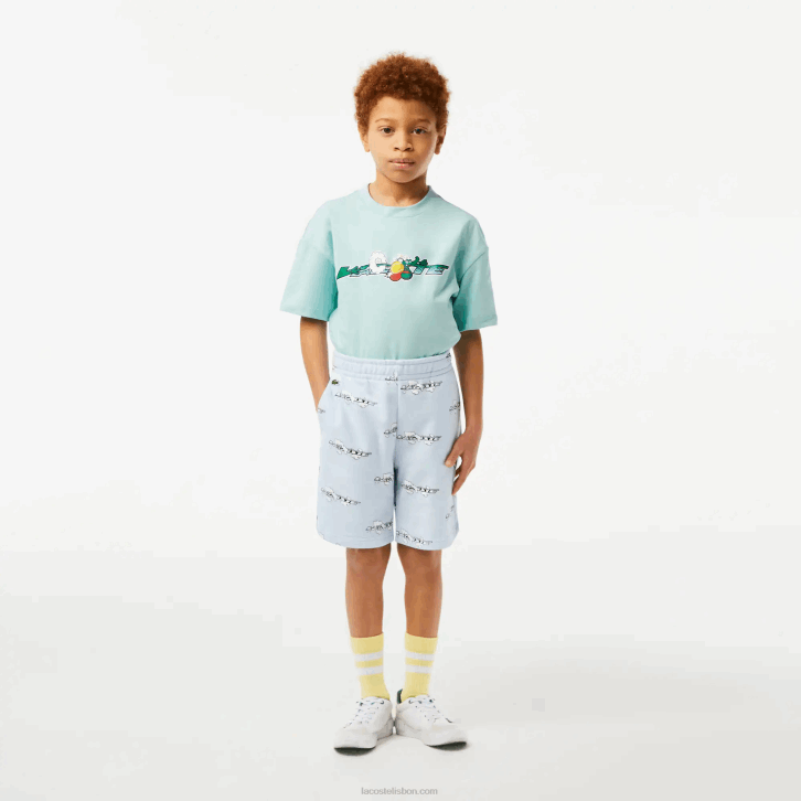 Rapazes Lacoste azul claro t01 shorts em flanela de algodão orgânico estampado 08D03102