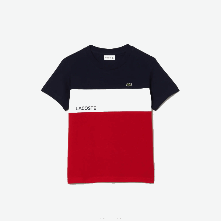 Rapazes Lacoste azul marinho branco vermelho lei camiseta de jérsei de algodão color block 08D03180