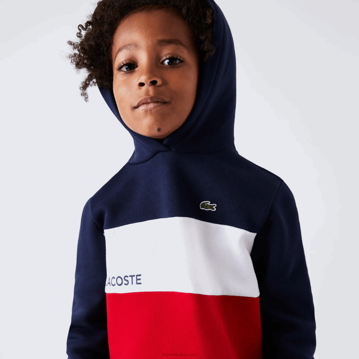 Rapazes Lacoste azul marinho branco vermelho lei moletom com capuz color block 08D03208