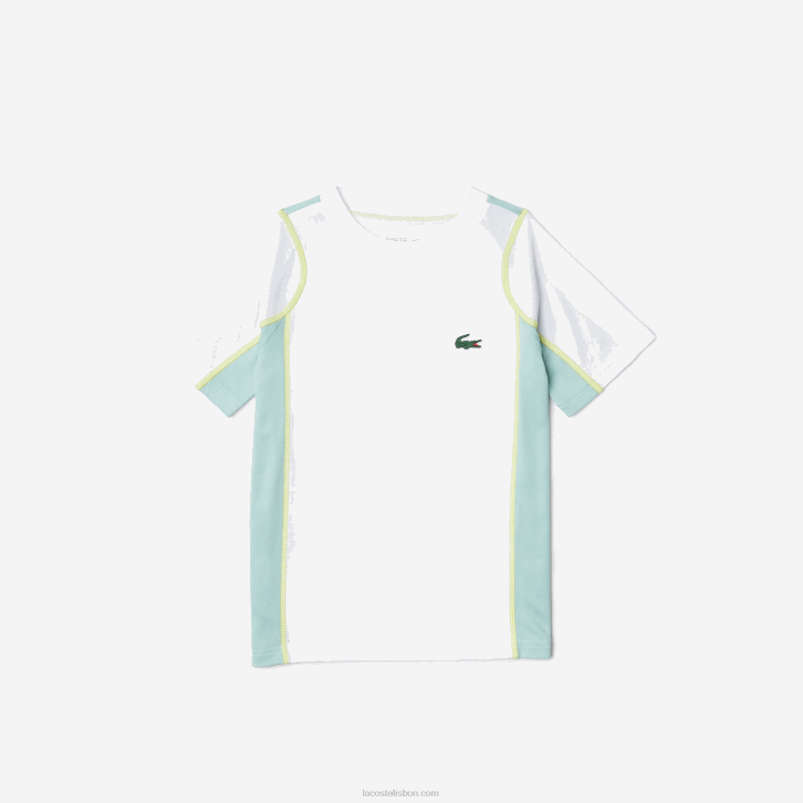 Rapazes Lacoste branco verde claro amarelo awc camiseta tênis piquê colorblock 08D03008