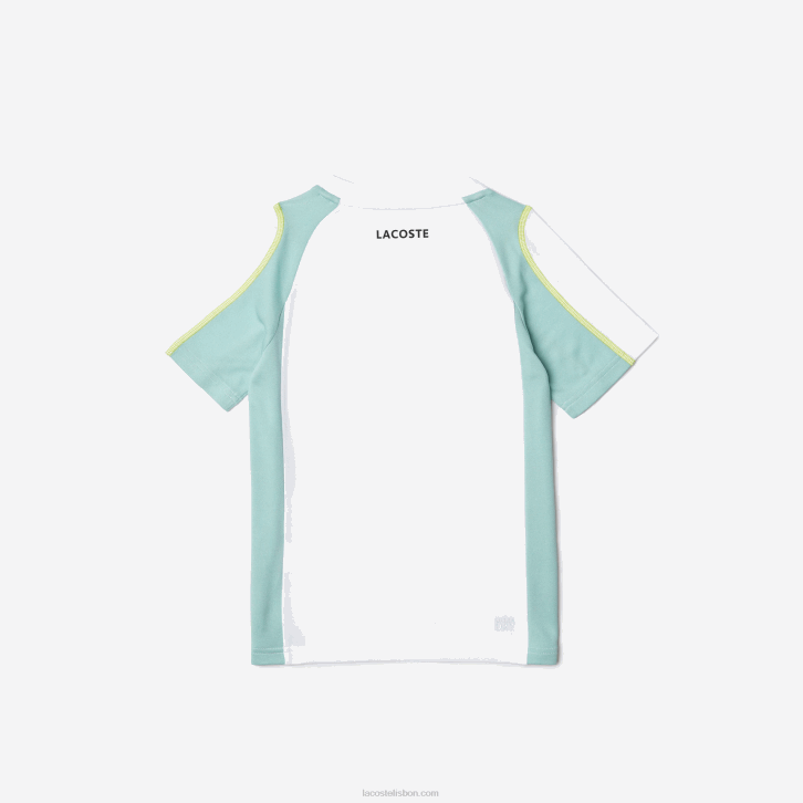 Rapazes Lacoste branco verde claro amarelo awc camiseta tênis piquê colorblock 08D03008
