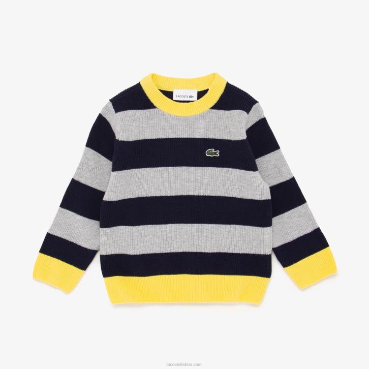 Rapazes Lacoste cinza chine azul marinho amarelo 7wr suéter de algodão listrado com gola contrastante 08D03251
