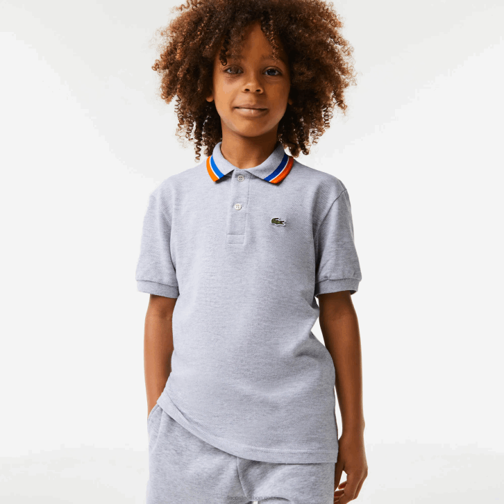 Rapazes Lacoste lombo cinza branco w9d gola tricolor algodão petit pique polo 08D02953