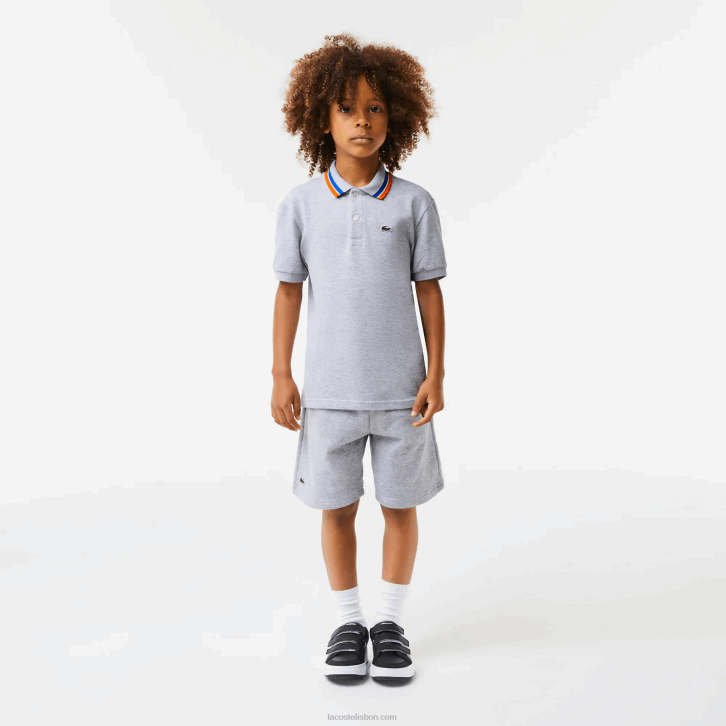 Rapazes Lacoste lombo cinza branco w9d gola tricolor algodão petit pique polo 08D02953
