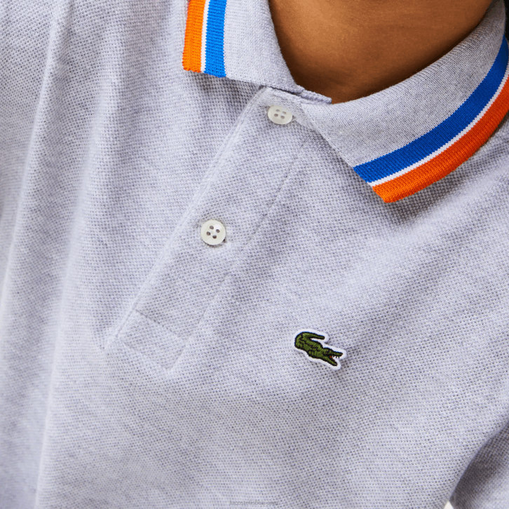 Rapazes Lacoste lombo cinza branco w9d gola tricolor algodão petit pique polo 08D02953