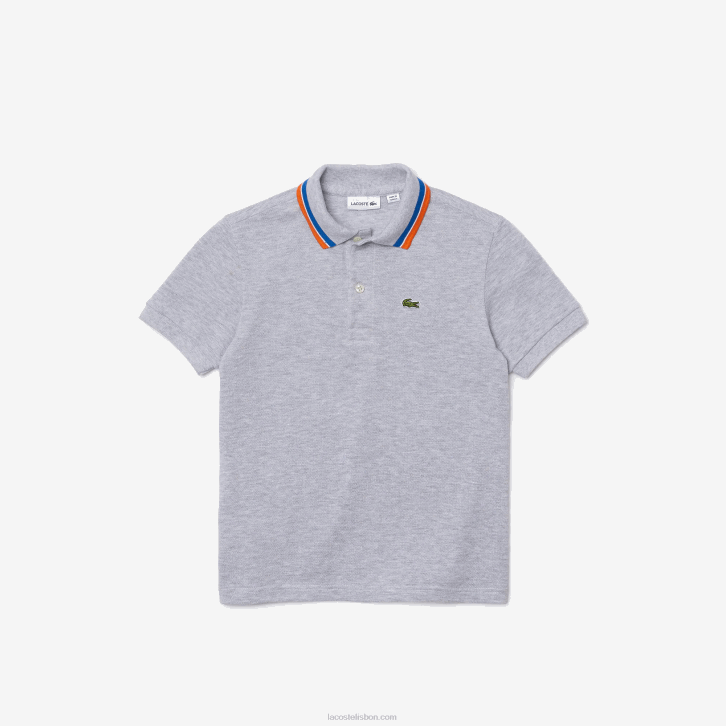 Rapazes Lacoste lombo cinza branco w9d gola tricolor algodão petit pique polo 08D02953
