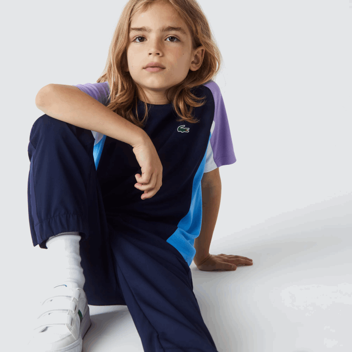 crianças Lacoste azul marinho roxo branco azul 5xj camiseta de tênis color block esportiva 08D03153