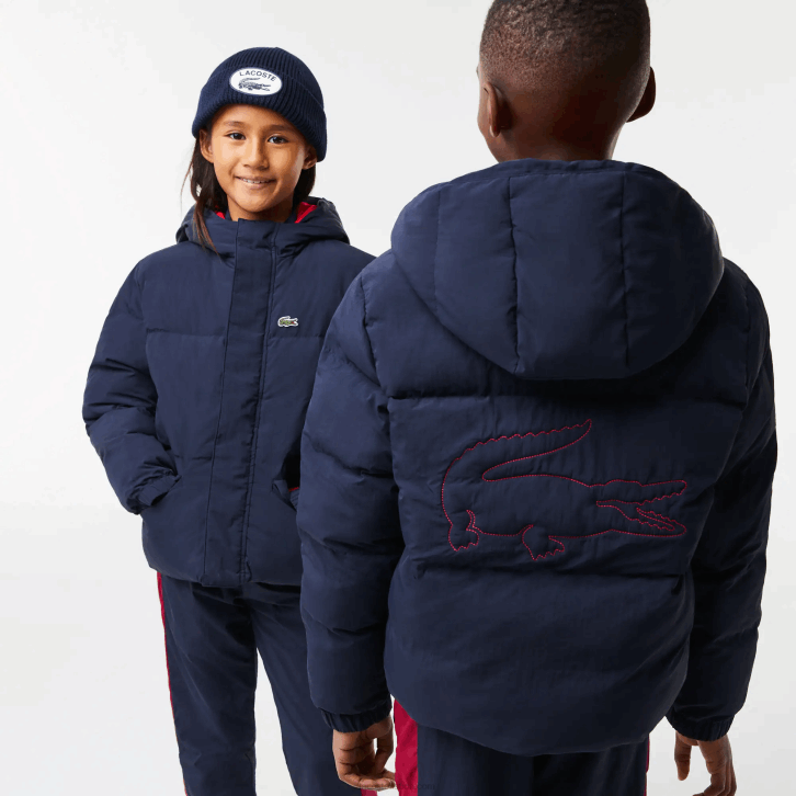 crianças Lacoste azul marinho vermelho 7pe jaqueta de tafetá com capuz bordado de crocodilo 08D03221