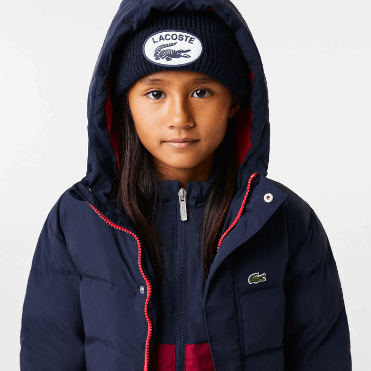 crianças Lacoste azul marinho vermelho 7pe jaqueta de tafetá com capuz bordado de crocodilo 08D03221