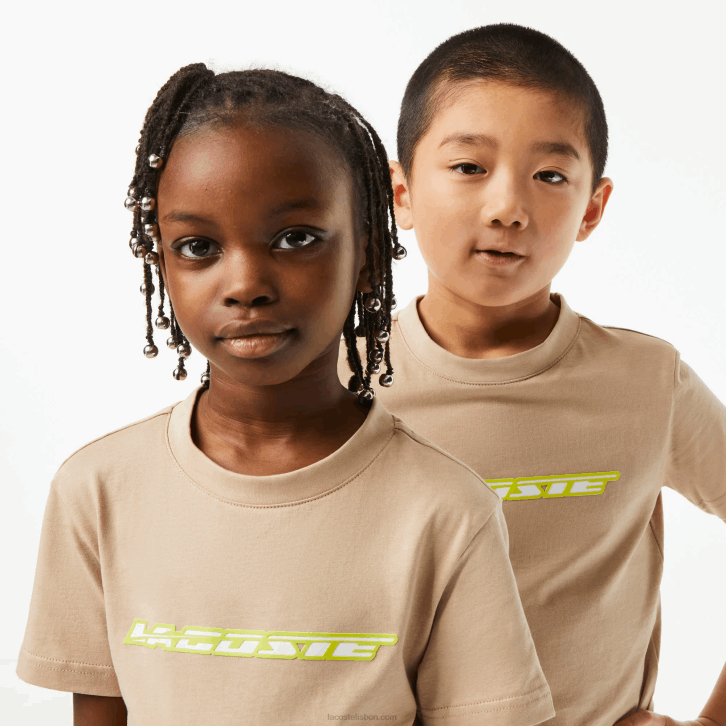 crianças Lacoste bege amarelo 8zb t-shirt em jersey de algodão com marca de contraste 08D03013