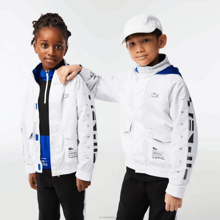 crianças Lacoste branco azul preto 9cw jaqueta repelente de água com capuz removível 08D03240