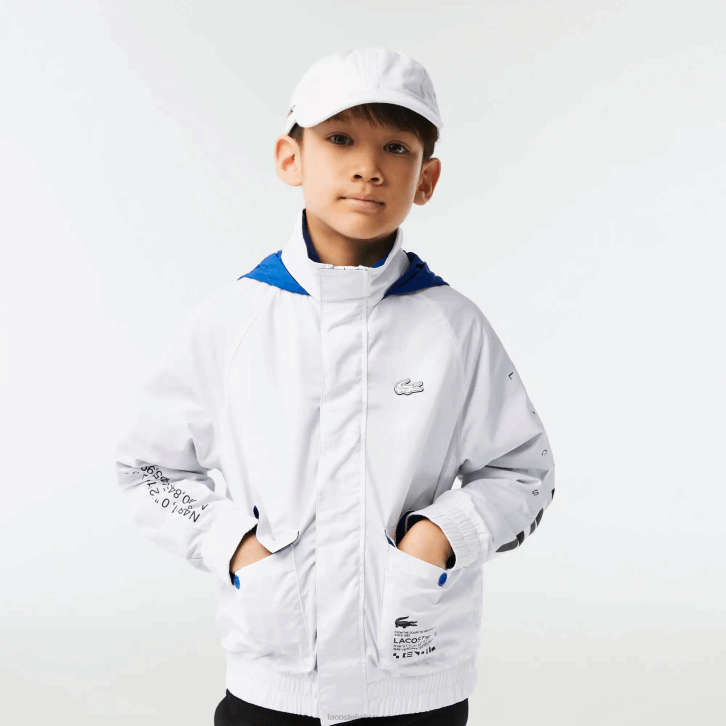 crianças Lacoste branco azul preto 9cw jaqueta repelente de água com capuz removível 08D03240