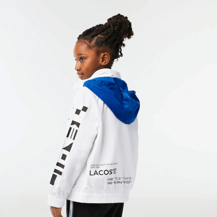 crianças Lacoste branco azul preto 9cw jaqueta repelente de água com capuz removível 08D03240