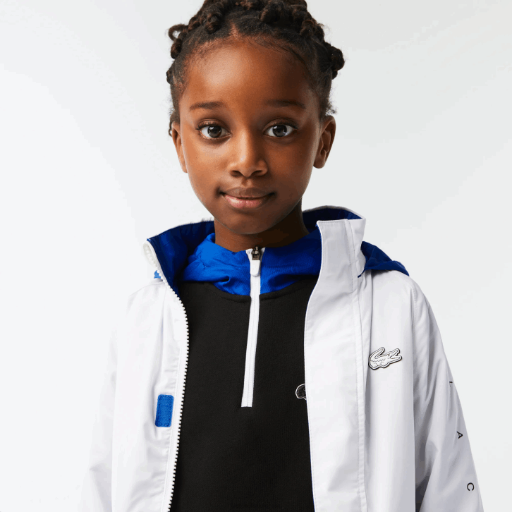 crianças Lacoste branco azul preto 9cw jaqueta repelente de água com capuz removível 08D03240