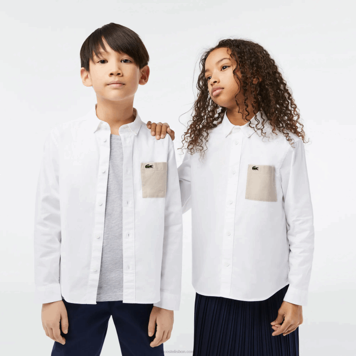 crianças Lacoste branco bege nbn camisa de bolso contraste 08D03080