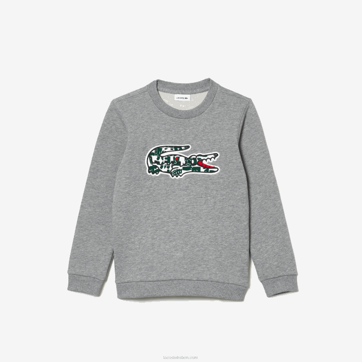 crianças Lacoste lombo cinza branco verde jnd moletom de lã de algodão com gola redonda e crocodilo Heritage 08D03255