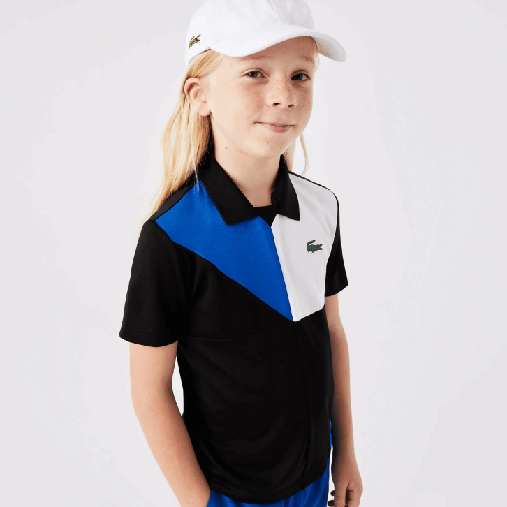 crianças Lacoste preto azul branco 7ke polo de tênis color block esportivo 08D03150