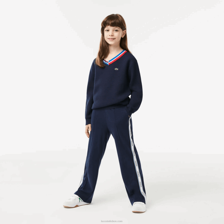crianças Lacoste qrn branco azul marinho suéter de algodão com gola listrada contrastante 08D03284