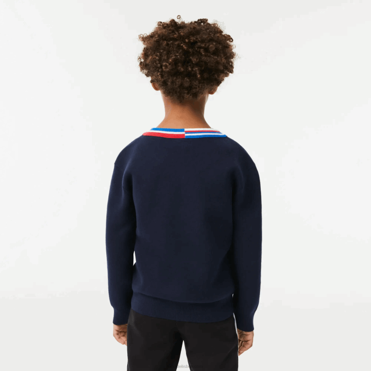 crianças Lacoste qrn branco azul marinho suéter de algodão com gola listrada contrastante 08D03284