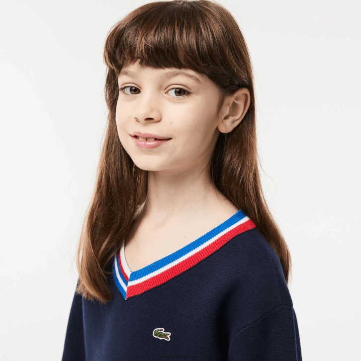 crianças Lacoste qrn branco azul marinho suéter de algodão com gola listrada contrastante 08D03284