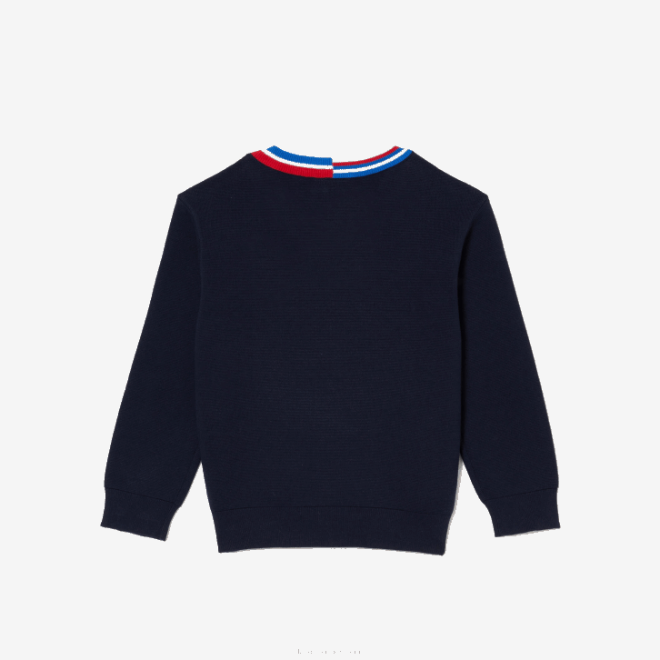 crianças Lacoste qrn branco azul marinho suéter de algodão com gola listrada contrastante 08D03284