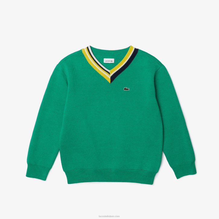 crianças Lacoste verde branco ec1 suéter de algodão com gola listrada contrastante 08D03283