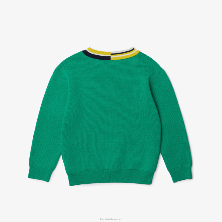 crianças Lacoste verde branco ec1 suéter de algodão com gola listrada contrastante 08D03283