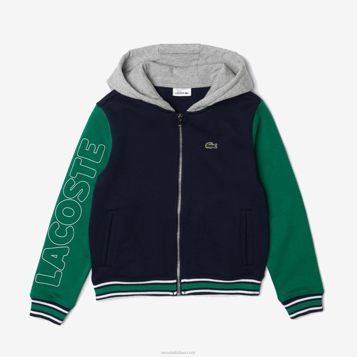 crianças Lacoste cinza marinho chine verde branco jxx jaqueta esportiva de lã colorblock com capuz Heritage 08D03267