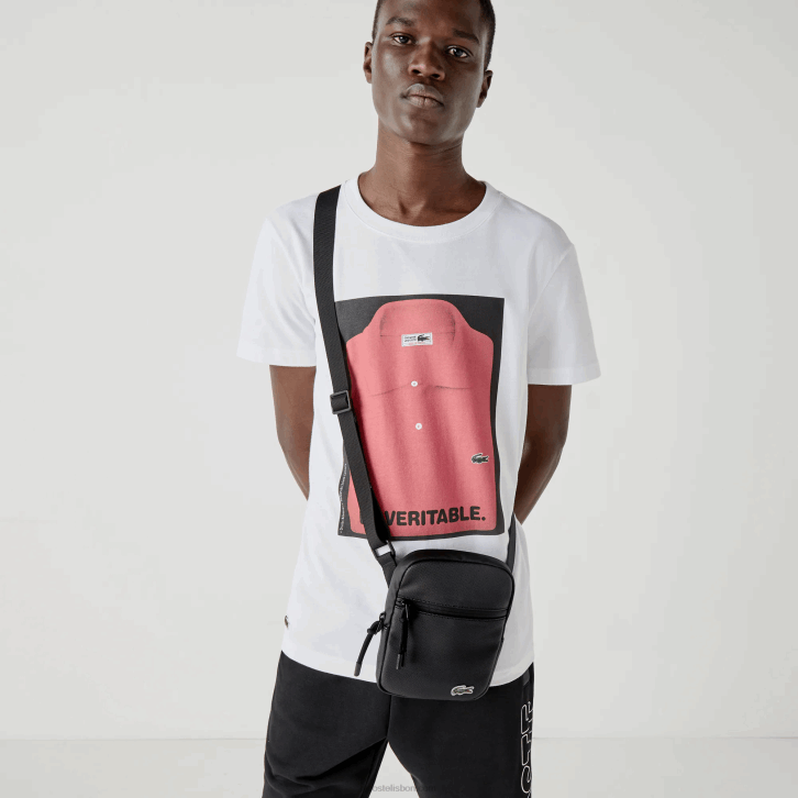 homens Lacoste preto 000 bolsa transversal plana pequena de lona revestida lcst 08D02018