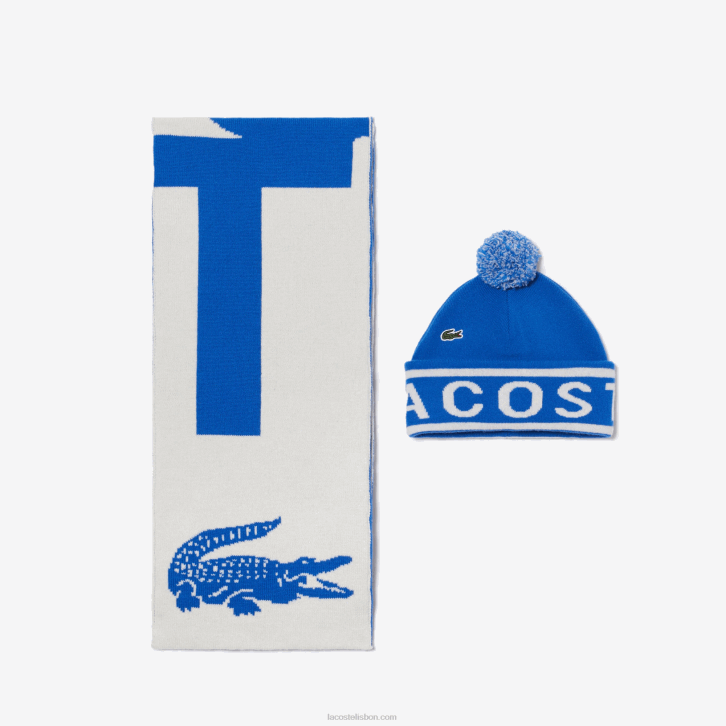homens Lacoste azul branco vmz conjunto de gorro e cachecol de malha jacquard 08D02296