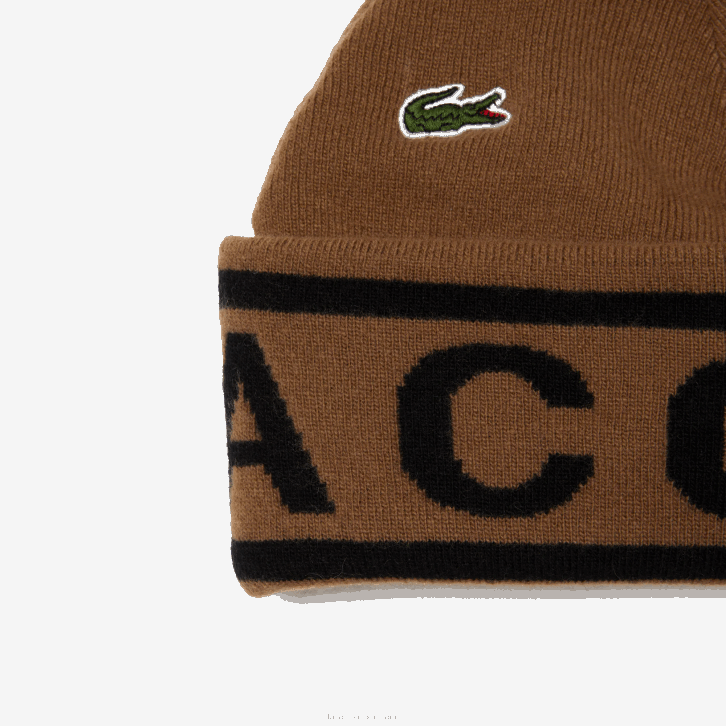 homens Lacoste marrom preto xp9 conjunto de gorro e cachecol de malha jacquard 08D02297