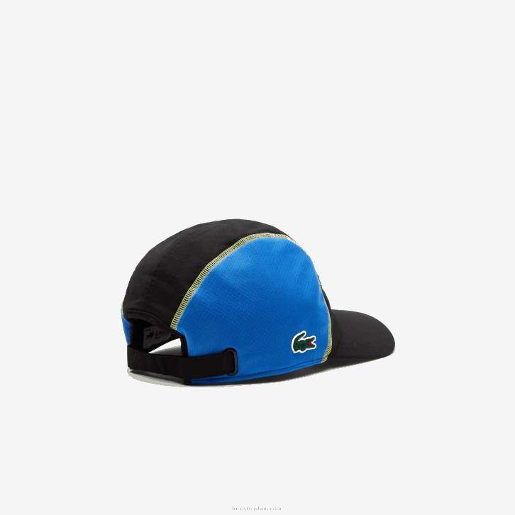 homens Lacoste preto azul amarelo xis boné de painel de malha de tênis 08D02143
