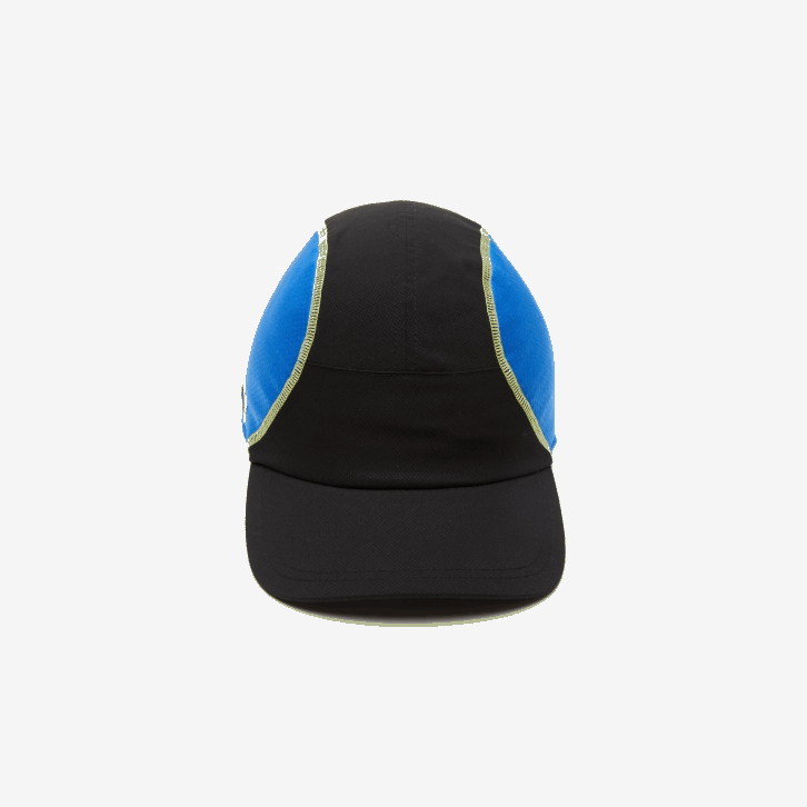 homens Lacoste preto azul amarelo xis boné de painel de malha de tênis 08D02143