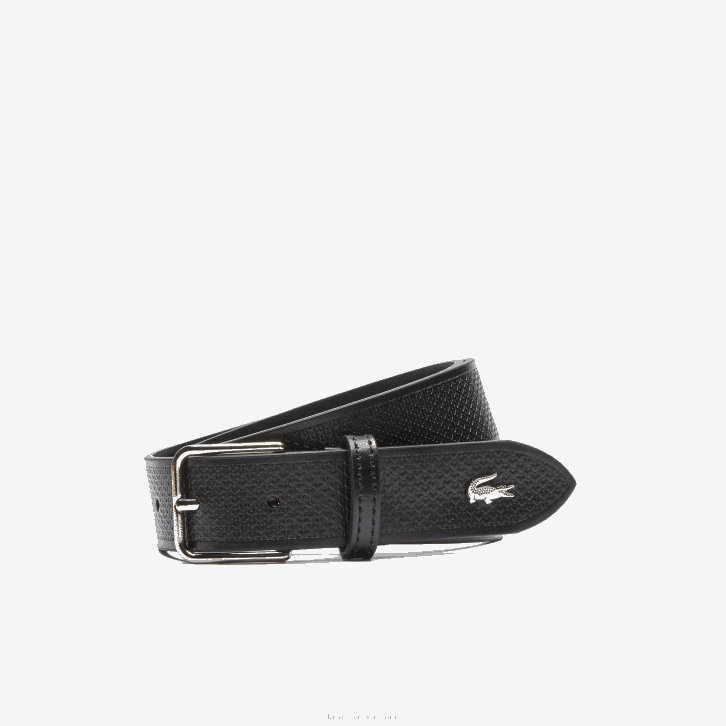 homens Lacoste preto 000 cinto de couro costurado crocodilo de metal 08D02093