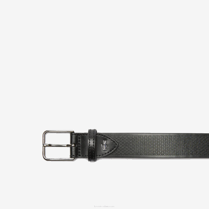 homens Lacoste preto 000 cinto de couro costurado crocodilo de metal 08D02093