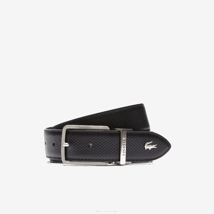 homens Lacoste preto 000 cinto de couro piquê reversível com fivela gravada 08D02077