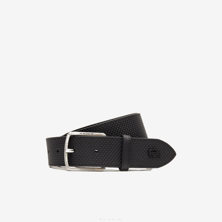 homens Lacoste preto 000 cinto de couro texturizado com fivela gravada 08D02075