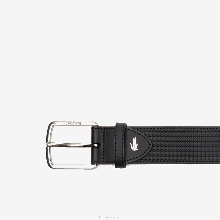 homens Lacoste preto 000 cinto de couro texturizado com fivela gravada 08D02075