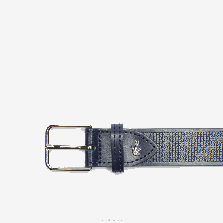 homens Lacoste safira escura b88 cinto de couro costurado crocodilo de metal 08D02094