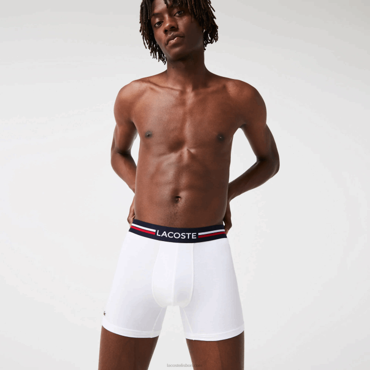 homens Lacoste azul marinho branco 525 cueca boxer de jérsei de algodão elástico longo pacote com 3 08D01424