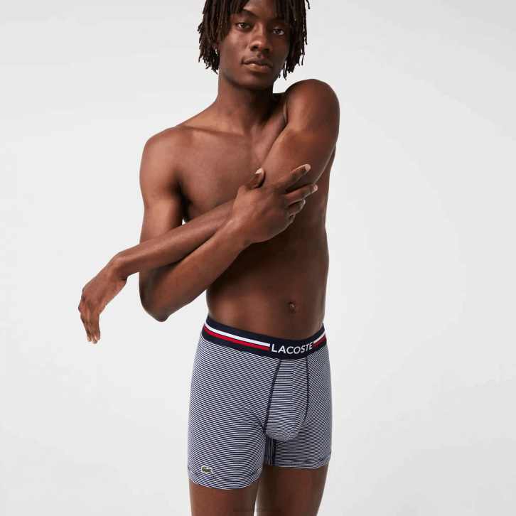 homens Lacoste azul marinho branco 525 cueca boxer de jérsei de algodão elástico longo pacote com 3 08D01424