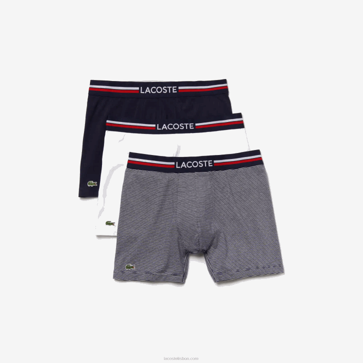 homens Lacoste azul marinho branco 525 cueca boxer de jérsei de algodão elástico longo pacote com 3 08D01424